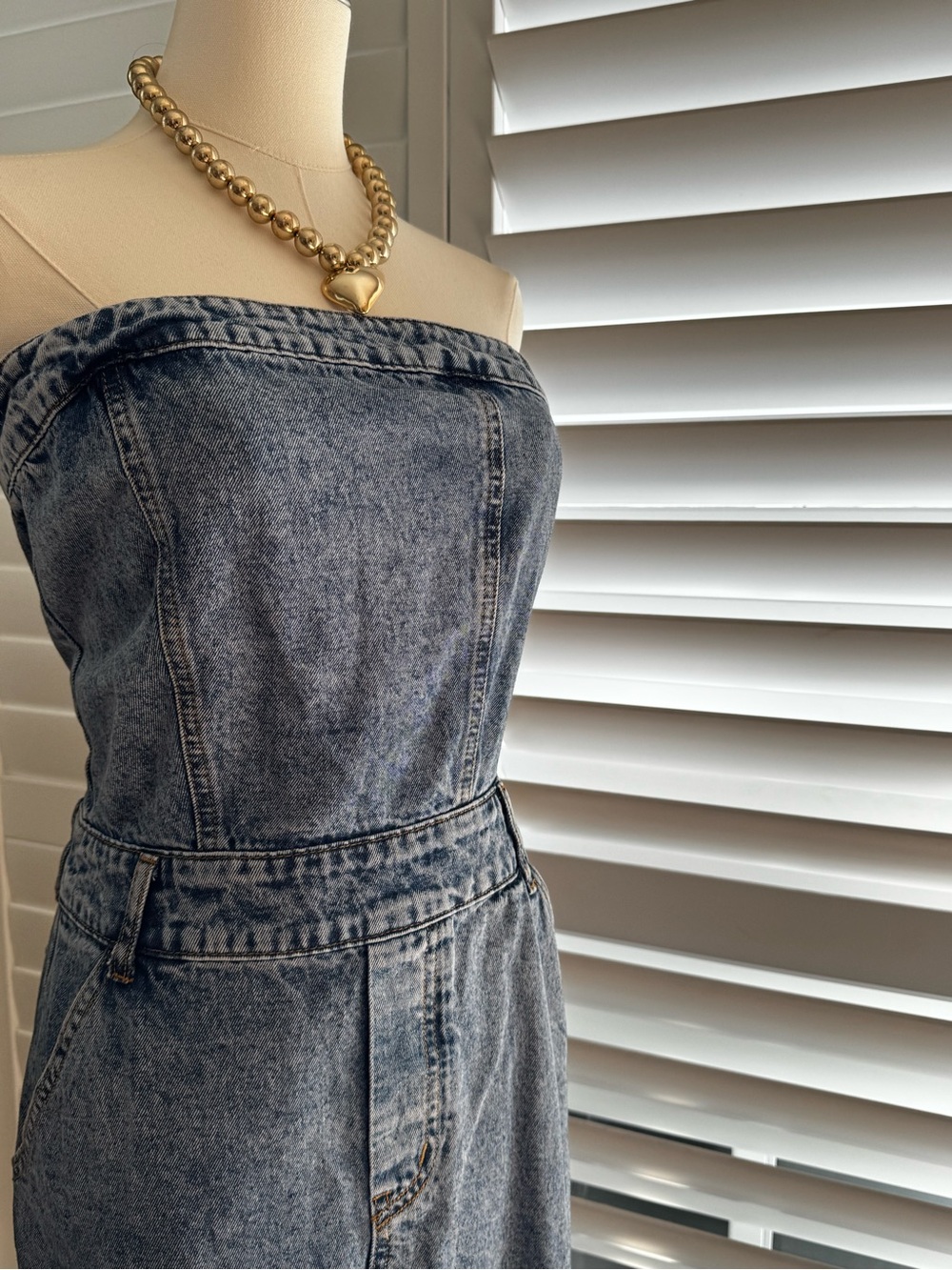 Strapless Acid Wash Denim Dress - Blue